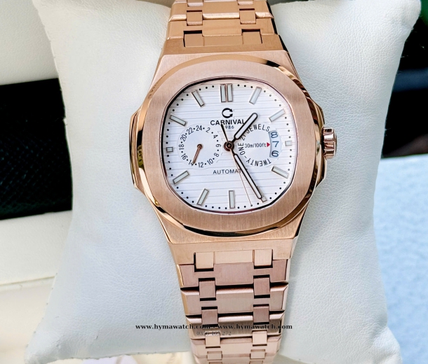 Carnival 8158G - Nam -Thép Rose-Màu Trắng-Máy Cơ (Automatic)  