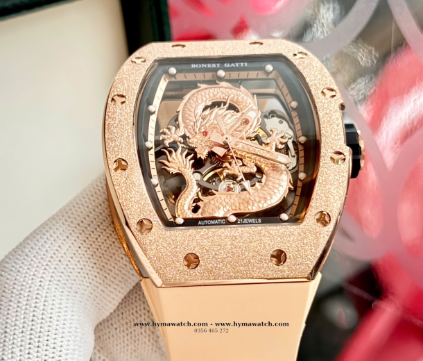 Bonest Gatti Carbon BG5003-Vàng hồng- Nam - Máy Cơ (Automatic) Tặng kèm mô hình xe đua  