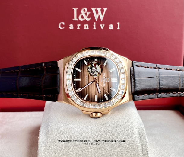 CARNIVAL OPEN HEART 8128G- Nam- Vàng Hồng - Dây da - Máy cơ