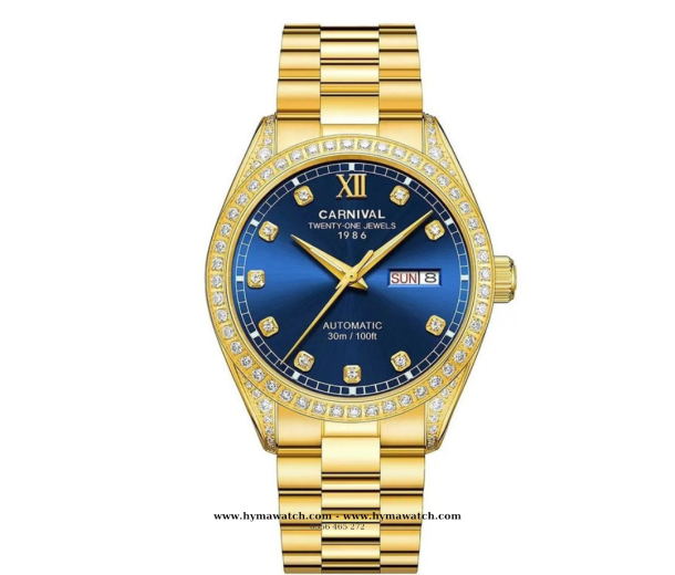 Carnival 8907G - Nam - Dây Thép Gold - Màu xanh dương - Máy Cơ (Automatic)