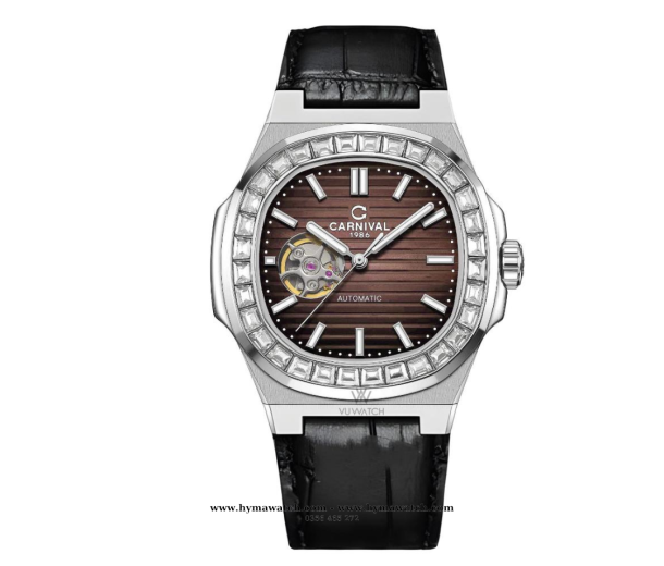 CARNIVAL OPEN HEART 8128G- Nam- Viền bạc-Màu Nâu - Dây da - Máy cơ 