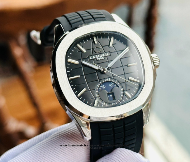  Carnival Aquanus 8113G - Nam - Viền Trắng - Màu Đen -Dây Cao Su - Máy Cơ (Automatic)