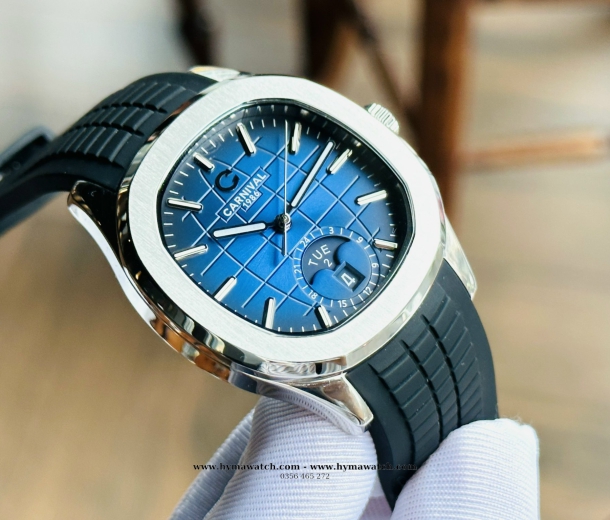 Carnival Aquanus 8113G - Nam - Viền Trắng - Màu Xanh -Dây Cao Su - Máy Cơ (Automatic)