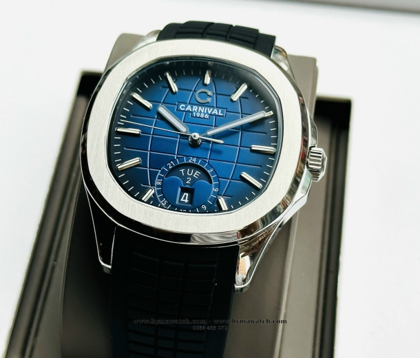 Carnival Aquanus 8113G - Nam - Viền Trắng - Màu Xanh -Dây Cao Su - Máy Cơ (Automatic)