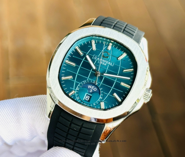  Carnival Aquanus 8113G - Nam - Viền Trắng - Màu Xanh Lá -Dây Cao Su - Máy Cơ (Automatic)