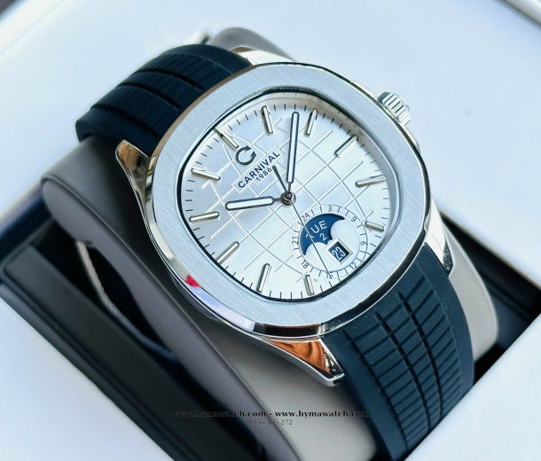  Carnival Aquanus 8113G - Nam - Viền Trắng - Màu Trắng-Dây Cao Su - Máy Cơ (Automatic)