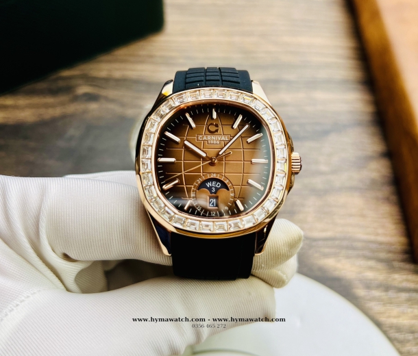 Carnival Aquanus 8113G2 - Nam - Màu Nâu- Dây Cao Su - Máy Cơ (Automatic)